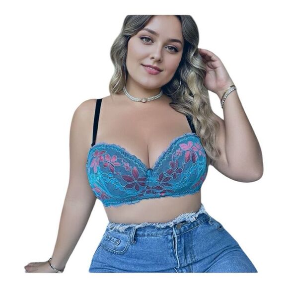 FFF plus Size Blue Pink Floral Full Coverage Underwire Lightly Balconette 38D NW - Picture 2 of 7